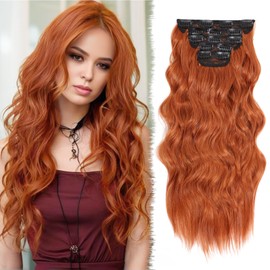 WOKAA Clip in Hair Extensions for Women 20 Inch 5Pcs Long Wavy Curly Auburn Copper Red Hair Extensions Clip ins Full Head Synthetic Hair Extension for Women
