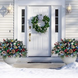 Prelit Artificial Christmas Tree, Battery Operated Urn Filler with Multi-Color Lights. 24" Holiday Planter with Snowy Pinecone Red Berries, Christmas Decor for Porch Pathway Yard, 2Pack