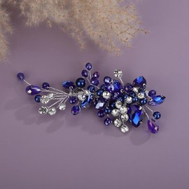 Teyglen Blue Crystal Pearl Wedding Hair Barrette Bridal Rhinestone Hair Clips for Bride Wedding Hair Clips Dainty Crystal Hair Piece Hair Accessories for Women Party Prom(Blue)