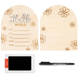 R HORSE Baby Birth Announcement Sign with Marker Pen, Wooden Baby Birth Sign with Ink Pad for Baby Hand and Footprints, Double-Sided Daisy Newborn Name Announcement Sign for Baby Shower Keepsakes