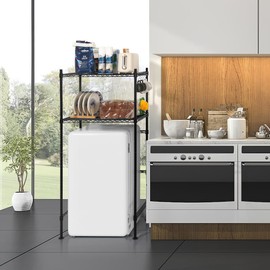 KELIXU Mini Fridge Shelf 2-Tier Metal Mini Fridge Stand with Storage, Adjustable Height Microwave Stand Multifunctional Rack for Dorm, Kitchens, Offices, Easy to Install, 52” H x 24” W x 18” D, Black