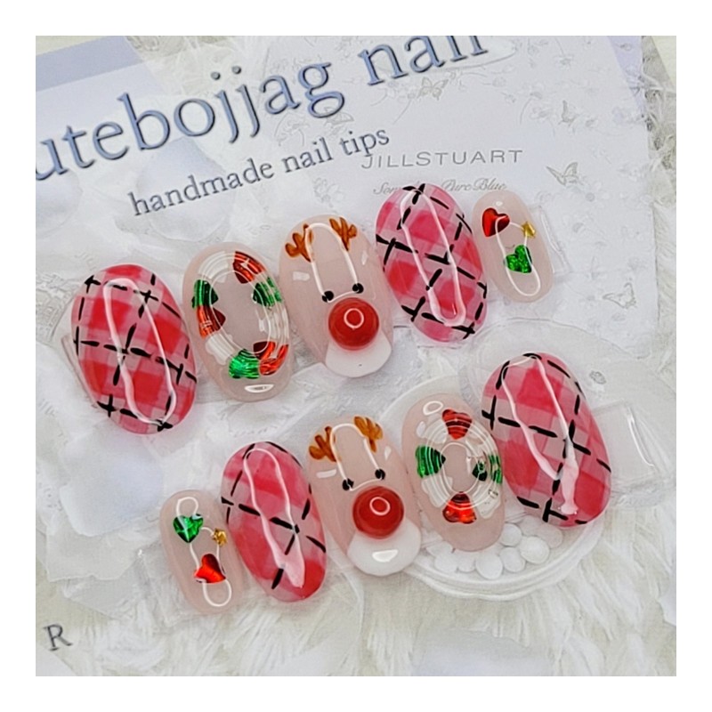 Christmas Rudolph handmade nail tips - Almond S / 크리스마스