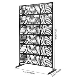 Modern Privacy Fence Outdoor with T-Shaped Base - 44.49x71.26in Black Steel Privacy Screens for Patio Garden Balcony, Freestanding Room Divider Fence with Leaf Design