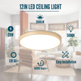 Wheatronic Gold LED Flush Mount Ceiling Light Fixture, 12inch 28W 5000k Daylight LED Ceiling Light, Ultra Slim Flush Mount for Bedroom, Living Room, Dining Room, Kitchen, Hallway