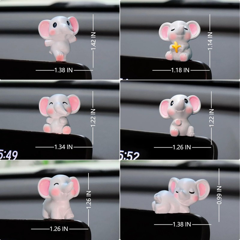 HANFEIDA Mini Elephant Figurines Cute Car Dashboard Accessories, 6 Pcs