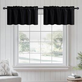 JIUZHEN Black Blackout Valance Short Curtains for Kitchen - Rod Pocket Valances Solid Curtains for Small Window Living Room Bedroom Darkening Bathroom, 42 x 18 Inch Length,2 Panel
