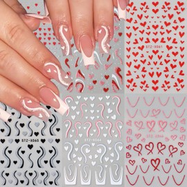 6 Sheets Heart Nail Stickers for Nail Art Valentine's Day Nail Art Stickers 3D Self-Adhesive Love Stickers French Tip Nail Decals with Glitter Nail Art Supplies for Women Girls Acrylic Nails DIY