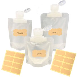 15Pcs Travel Size Toiletries Refillable Squeeze Pouches with Label, 30ml/ 50ml/ 100ml Portable Stand Up Spout Travel Fluid Makeup Packing Bag for Cosmetic Lotion/Shampoo/Face Cream/Hand Soap