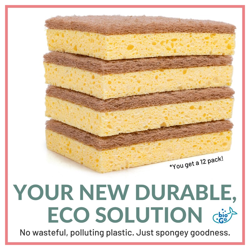 bioGo 12 Pack Biodegradable Kitchen Sponges - Eco-Friendly, Compostable, Natural