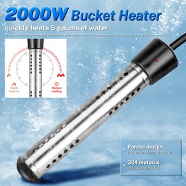 2000W Immersion Water Heater, Electric Portable Water Heater with Digital LCD Thermometer, Bucket Heater with 304 SS Guard Fast Heating 5 Gallons of Water in Minutes for Bathtub