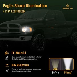 FEBERG [OE Style Anti-Yellowing Headlight for 02-05 Dodge Ram 1500 Pickup Headlamp for 03-05 Dodge Ram 2500/3500 Pickup Pair Black Housing Amber Reflector Left+Right Side