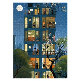 Cozy City Building Puzzle for Adults 1000 Piece, Relax Night Light Scenic Jigsaw Puzzle, Spring Cherry Blossom Tree Puzzle as Home Decor