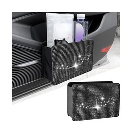 KHGUZ Bling Car Trash Can, Leather Foldable Crystal Rhinestone Vehicle Hanging Trash Organizer Holder Bin, Mini Auto Dustbin Garbage Storage Bag Container, Universal for SUV Truck RV (White)