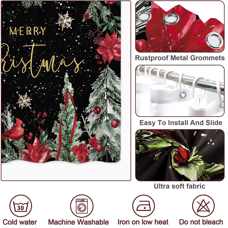 Christmas Poinsettia Shower Curtain Winter Tree 72x72 Inch