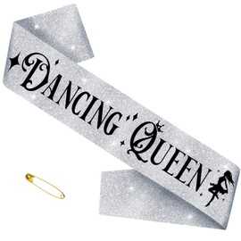 SKJIAYEE Dancing Queen Sash for Girls 17 Birthday Party - Sliver Black Dancing Queen Sash for Disco Bachelorette/Mamma Mia Birthday Party Decorations Accessories (Soft Sparkle Fabric)