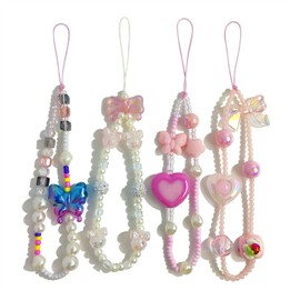 AGEN KGEN Phone Charms Cute Beaded Phone Lanyard Wrist Strap Aesthetic Cell Phone Keychain Cute Phone Charms for Women (4x Pink Style)