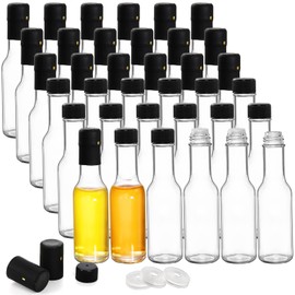 Cedilis 36 Pack Small Glass Bottle, 3oz Glass Woozy Bottle, Empty Mini Hot Sauce Bottles, Clear Liquor Wine Bottles with Shrink Capsule, Black Screw Caps, Dripper Insert