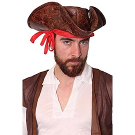 LEATHER LOOK ADULTS PIRATE TRICORNER HAT FANCY DRESS ACCESSORY - BROWN LEATHER LOOK PIRATE CAP WITH ATTACHED BANDANA (PACK OF 1)