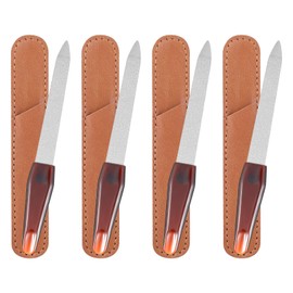 Lnngub 4 Pack Metal Nail File Nail Filer with Sharp Pointed Tip and Leather Sheath Case 4.7 Inches Fingernail File Stainless Steel Manicure Double Sided Grit Nail Filer for Women Men Natural Nails