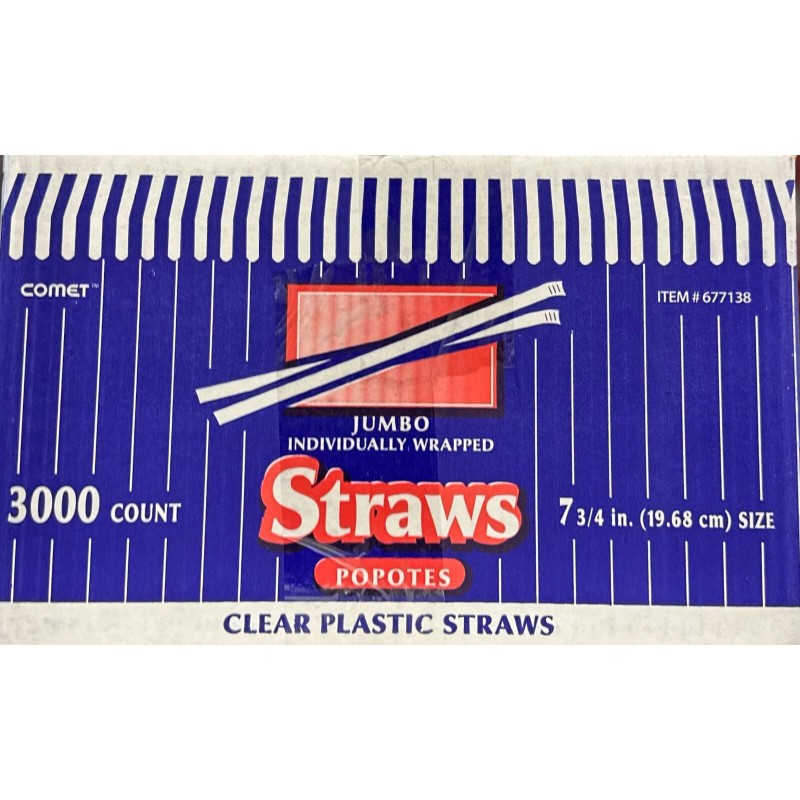 Comet 7-3/4" Wrapped Plastic Straws, Clear, 3000 count