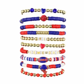 ARZASGO 10 Pack Game Day Bracelets for Women, Stackable Heishi Bracelets Clay Beaded Stretch Friendship Bracelets, Football Charm Bracelet Sport Fans Outfits Jewelry Gifts,Red&Blue