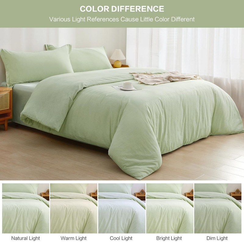 SAPHREAS Twin Size Sage Green Duvet Cover 100% Washed Cotton