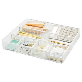Annova Desk Drawer Organizer Tray for Office Organization - Metal Mesh - Storage Tray with Dividers for Pens, Desktop Accessories, Bathroom, Kitchen, Makeup and Office Supplies (Large, White)