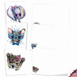 The Best Card Company - 20 Bulk Animal Note Cards Blank (4 x 5.12 Inch) - Fun Assorted Notecards with Envelopes (10 Designs, 2 Each) - Funky Colorful Creatures AM6749OCB-B2x10