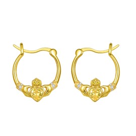 Dreamboat Sterling Silver Claddagh Earrings for Women Gold Celtic Knot Irish Clover Earrings Dangle Earrings Hook Yellow November Birthstone Irish Jewelry for Mom, Large, Sterling Silver, Cubic