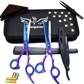 Barber Professional Hairdressing Adjustable Scissors Range Of Hair Cutting Thinning Shears For Hairdressers 6.5 Inches Grooming Set Sharpend – Razor Case Kit Pouch With Comb (Blue and purple)