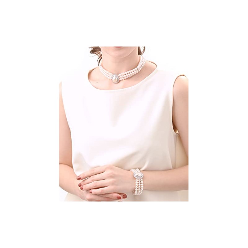 KOBE VINGTAINE C14-68 3 Rows Gorgeous Pearl Oval Rhinestone Necklace