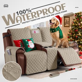 KinCam 100% Waterproof Recliner Loveseat Cover with Console, Non-Slip Reclining Couch Covers for 2 Seat, Recliner Sofa Cover Furniture Protector with Elastic Straps for Kids, Pets, Khaki