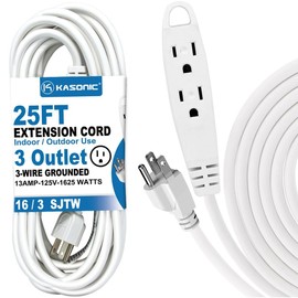 25-Feet 3 Outlet Extension Cord, Kasonic UL Listed, 16 / 3 SJTW 3-Wire Grounded, 13 Amp 125 V 1625 Watts, Multi-Outlet Indoor/Outdoor Use (25FT)