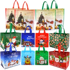 Fassory 12 Pack Mixed Sizes Christmas Tote Bags with Handles Reusable Water Resistant Non-Woven Party Shopping Gift Bags in 3 Sizes
