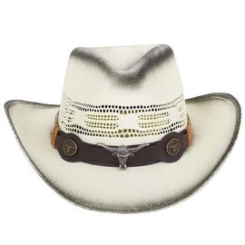 Livingston Men & Women's Woven Straw Cowboy Hat w/Hat Band Decor Cowgirl Western Hats for Women, Bull Ivory