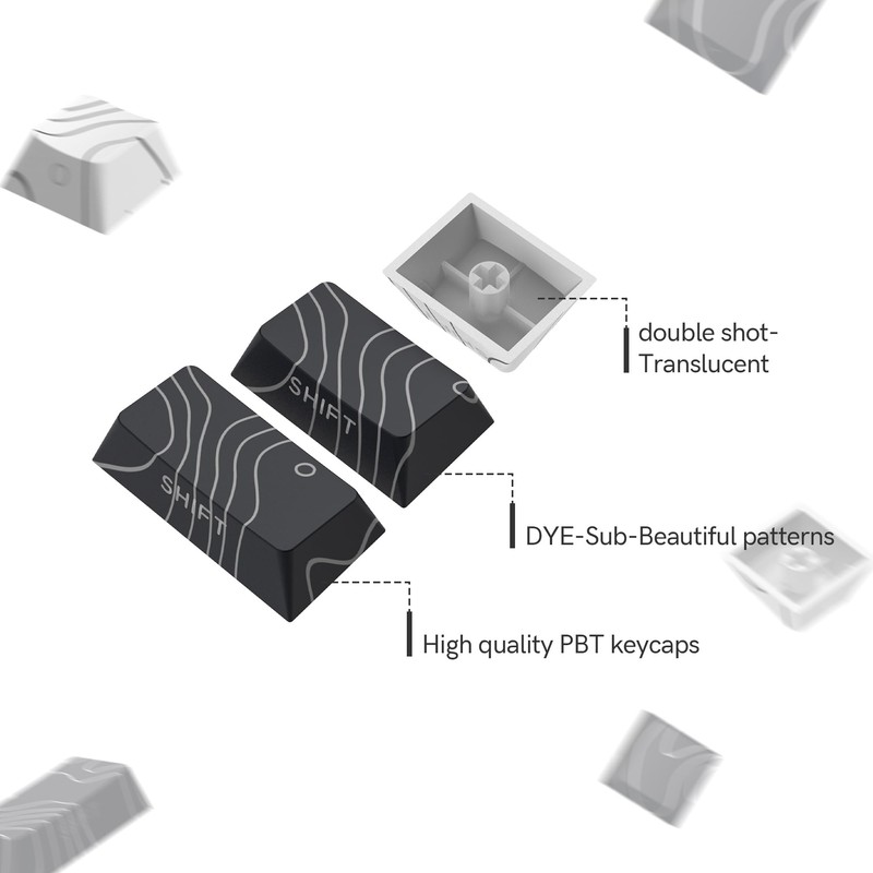 double shot PBT keycaps,white and black,Topographic keycaps,lines backlit,Shine Through keycap,Side