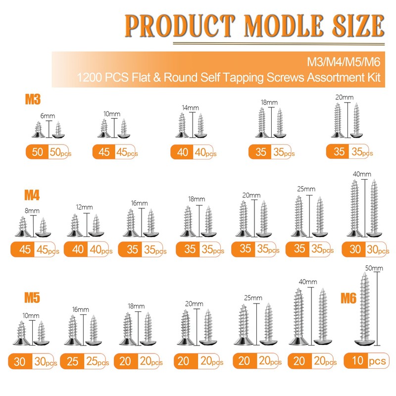 Dianrui 1200 PCS Wood Screws Assortment Kit, Assorted Stainless Steel