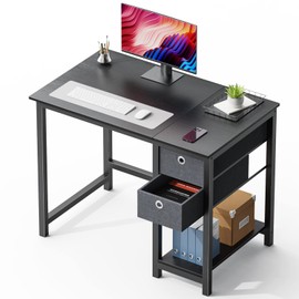 Elevon Computer Desk 40 Inch Home Office Writing Work PC Table Study Gaming 2-Tier Drawers Storage Shelf Side Headphone Hook, Modern Simple Style Small for Bedroom, Black