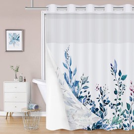 REZAYMRS Floral 3 in 1 Shower Curtain No Hooks Design, 71x71 inch Waterproof & Washable, Polyester Shower Curtains with Snap in Fabric Liner, Sheer Top Window, Double Layer Bathtubs Hotel Curtain Set