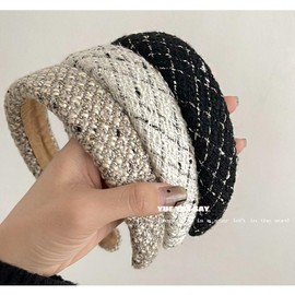 Solid Color Embossed Plain Satin & Thick Tweed Wide Headband for Updos Knit Cream