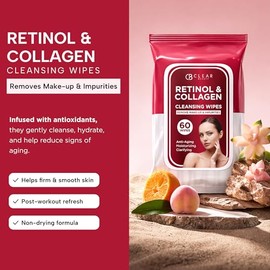 Clear Beauty Toallitas faciales limpiadoras con retinol y colágeno, dermatológicamente probadas, cuidado de la piel coreano antienvejecimiento, remove