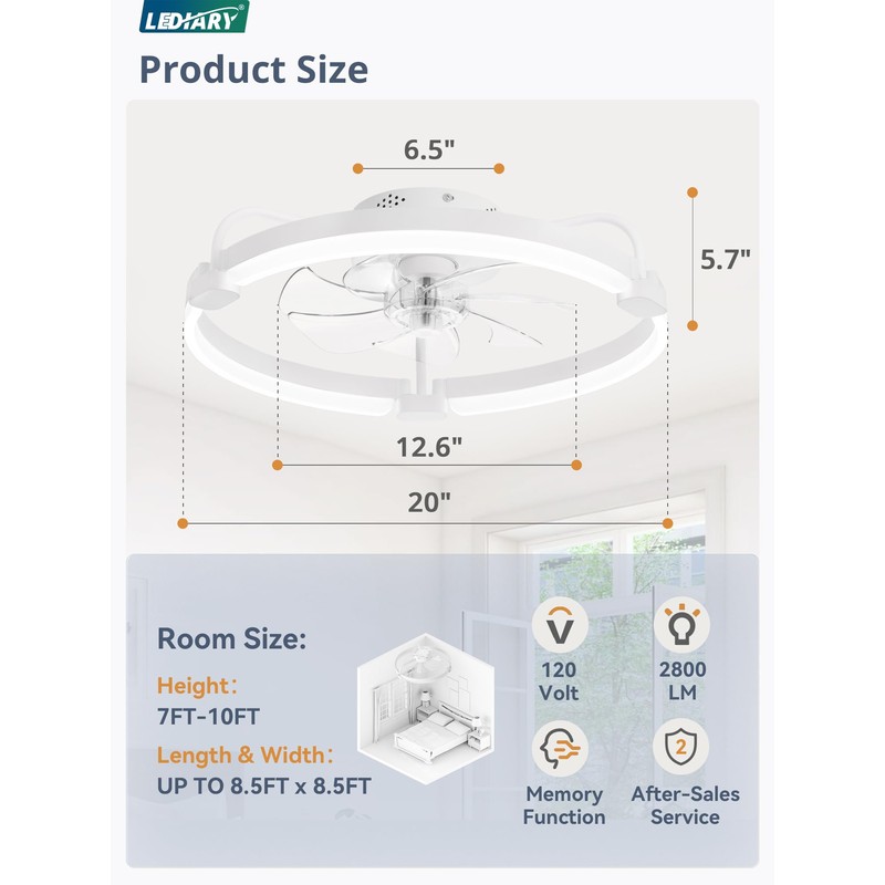 LEDIARY Ceiling Fans with Lights and Remote, 20'' Low Profile