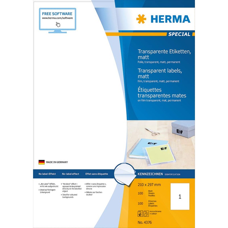 HERMA 4375 210x297mm Colour Laser Rectangular Clear Labels - Matte