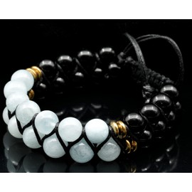 ElisaJewelryArt - Natural Black Onyx And Aquamarine Beaded Bracelet Genuine Gemstone Truth Stone Crystal Macrame Bracelet Unisex Bracelet (MEN, Aquamarine)