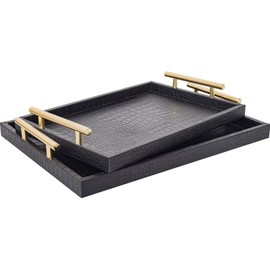 JUMBO HUMBLE Modern Elegant Large Wood Serving Tray, Set of 2 Black Crocodile Leather with Gold Polished Metal Handles, Rectangle Decorative Tray Ottoman Tray Coffee Table Tray for Living Room