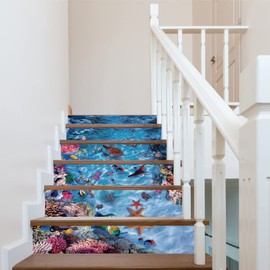 AMAZING WALL Sea World Fish Printed Stairs Self Adhesive Decoration Wall Sticker Set 6pcs