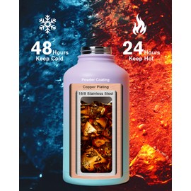 Topre Insulated Water Bottle 64oz,Half Gallon Water Flask Stainless Steel, Cold for 48 Hrs,BPA-Free & Leakproof -with Paracord Handle, Strap,Straw Spout Lids,Large Jug for Gym Sports,Purple Green