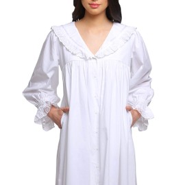 Moomaya Button Down Maxi Nightdress Long Sleeve Solid Women’s Cotton Nightwear White