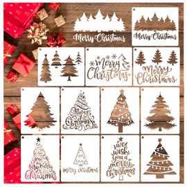 12 Pcs Christmas Tree Stencils for Painting, Reusable Holiday Pine Tree Stencil Merry Christmas Stencils for Card Making Wood Sign DIY Crafts (12pcs Tree 6x5inch)