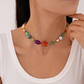 ERLOSYA Fashion Star Pendant Choker for Women,Sweet Flower Multi-Element Color Beads Chain Necklace for Woman Jewelry Gifts,Dainty Boho Necklace, middle, Resin, No Gemstone